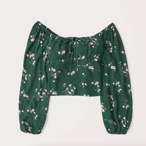 NWT Abercrombie and Fitch - Green Floral Long-Sleeve Tie-Front Puff Sleeve Top - Picture 1 of 1
